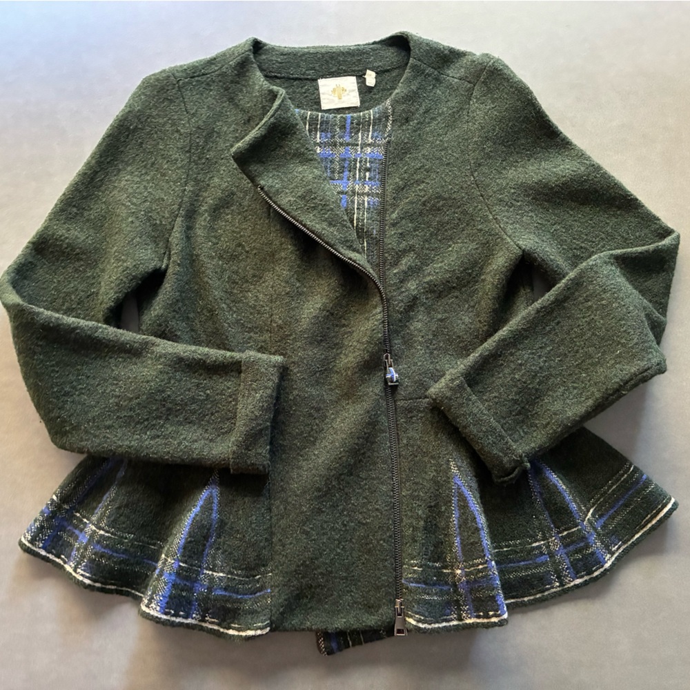 Anthropologie HWR Dark Green Cardigan Jacket Wool Cotton Blend Plaid Size Small